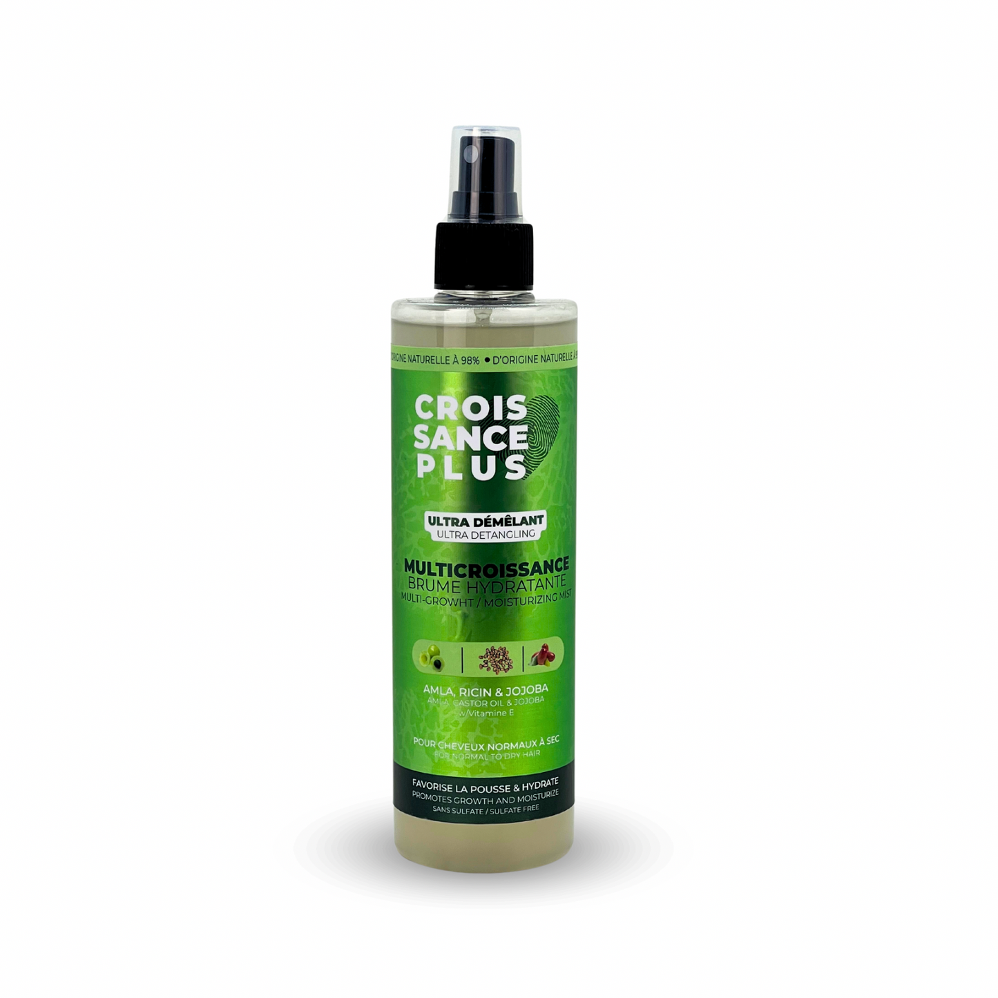 A bottle of Croissance Plus Multricroissance Brume Hydratante by JS Organics with a green label, primarily for textured hair.