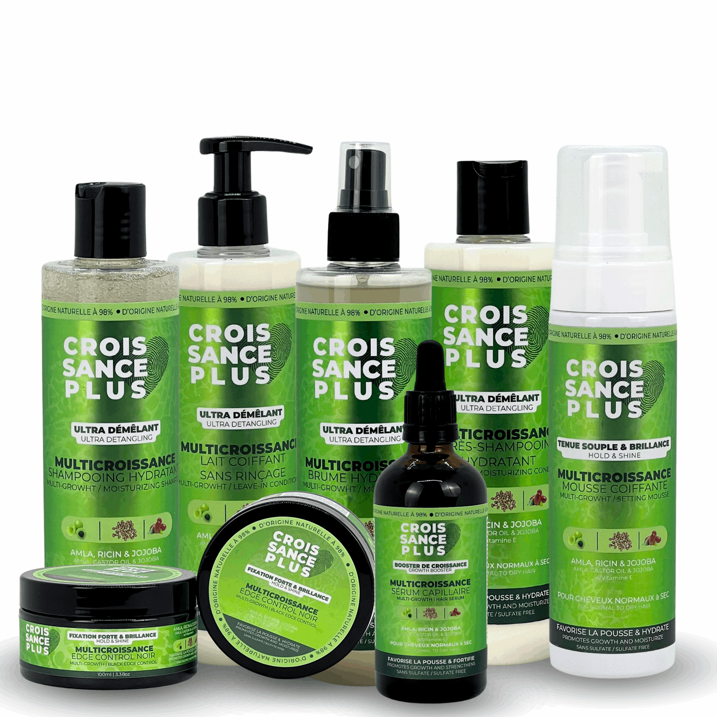 A collection of Croissance Plus hair care products by JS Organics including shampoo, conditioner, detangling spray, styling mousse, and serum.