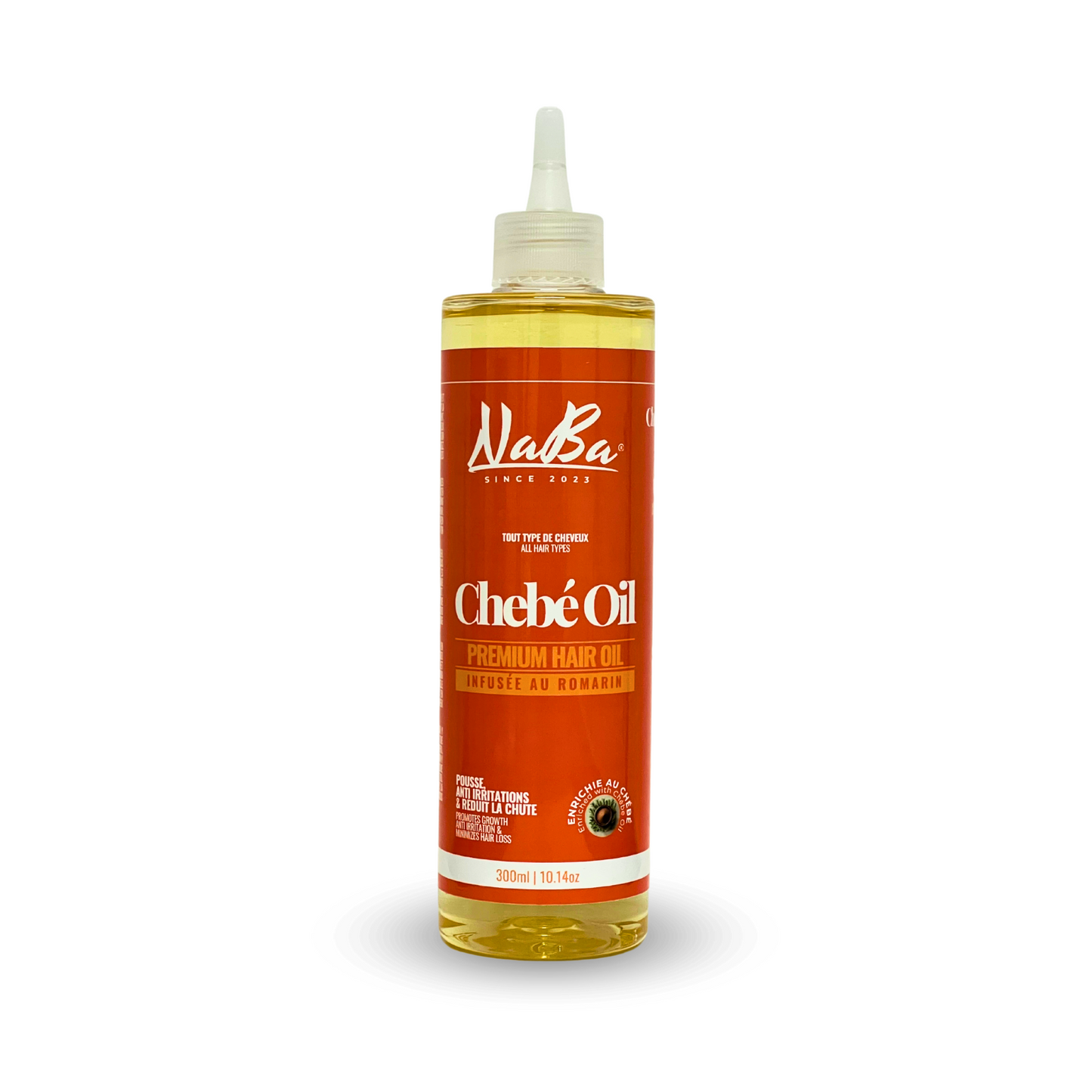 A bottle of Naba - Premium Oil Chébé hair oil by JS Organics in a clear container with a white cap and orange label.