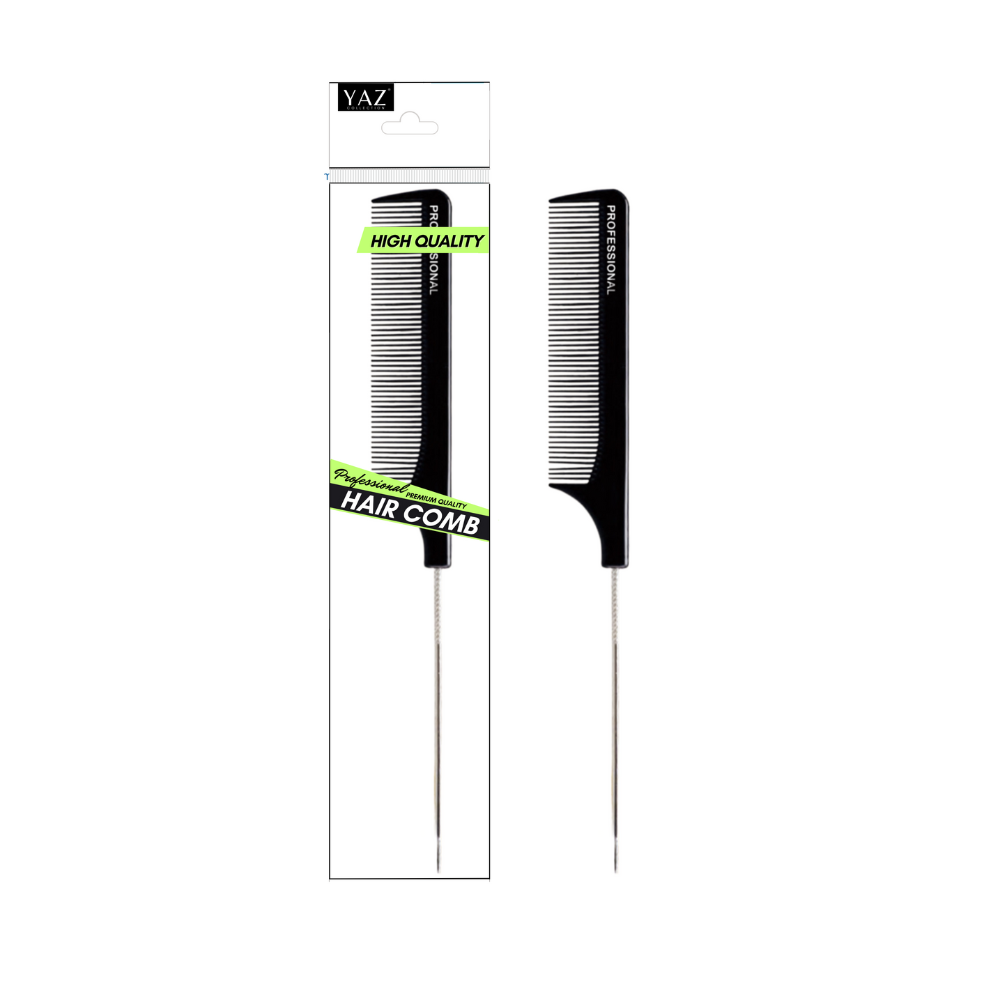 A black Yaz Collections hair comb by JS Organics in its packaging, designed for detangling and styling hair.