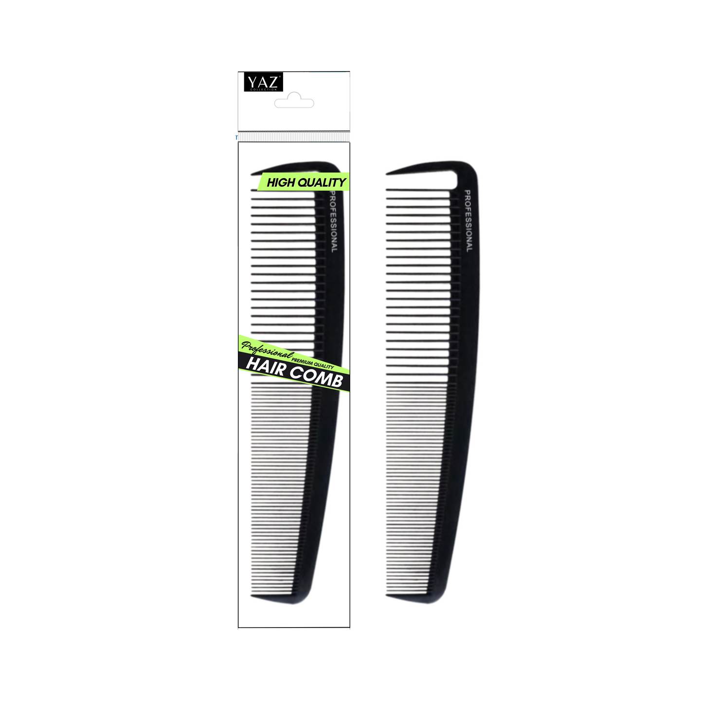 Packaging of Yaz Collections hair comb by JS Organics, with the comb visible through a clear plastic window. The packaging is predominantly black and white, with green highlights and text.