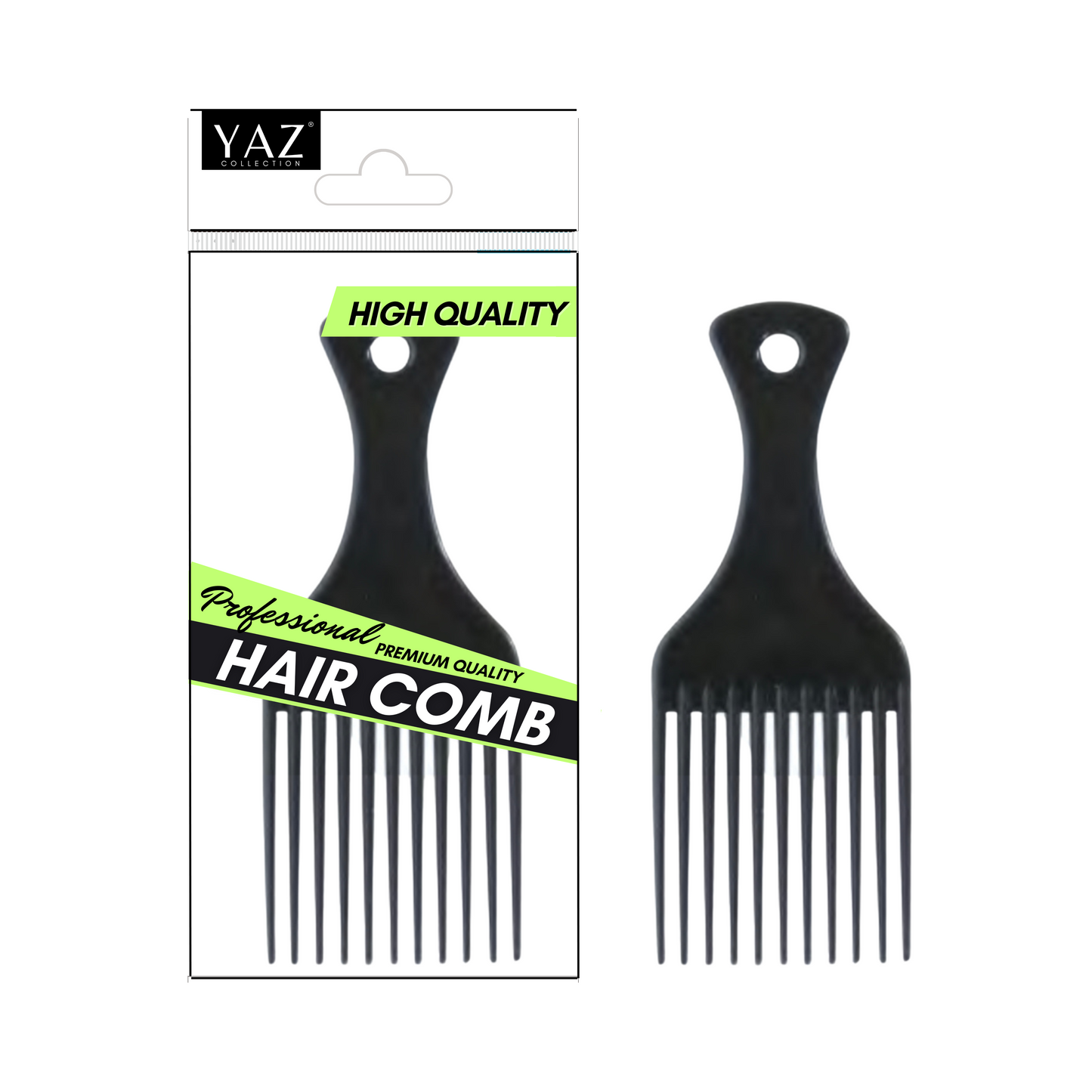 Packaging and a black hair comb by JS Organics with text highlighting 'Professional Hair Comb' and 'High Quality'.
