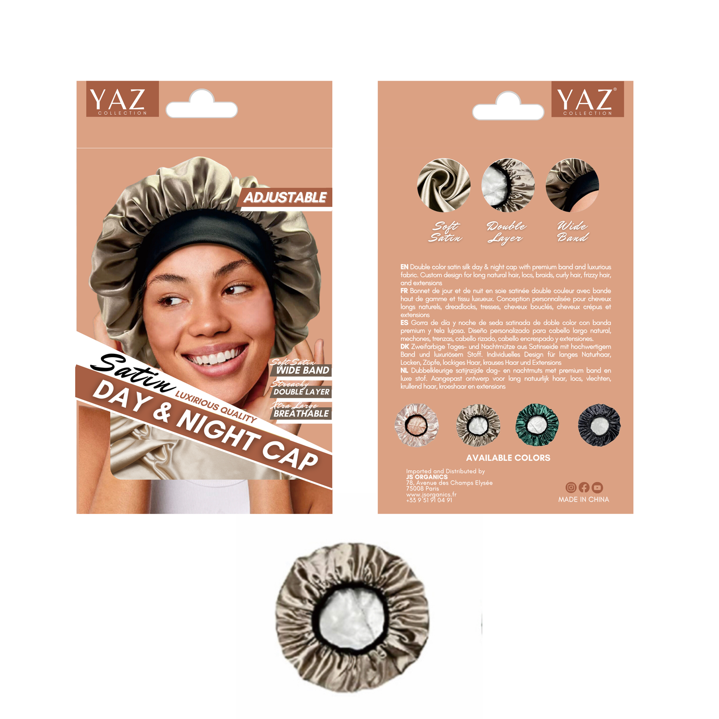 Packaging of Yaz Collections Satin Day & Night Cap in bronze color by JS Organics, featuring the cap itself and a model wearing the cap.