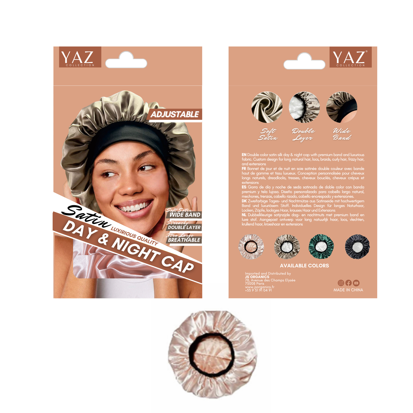 Packaging of Yaz Collections Satin Day & Night Cap by JS Organics with a model wearing the cap, and a close-up of the cap itself which is Pink in color.
