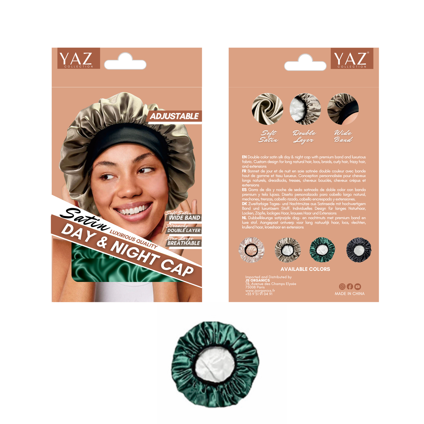 Packaging of Yaz Collections Satin Day & Night Cap by JS Organics with a model wearing the cap, and a close-up of the cap itself which is Emerald in color.