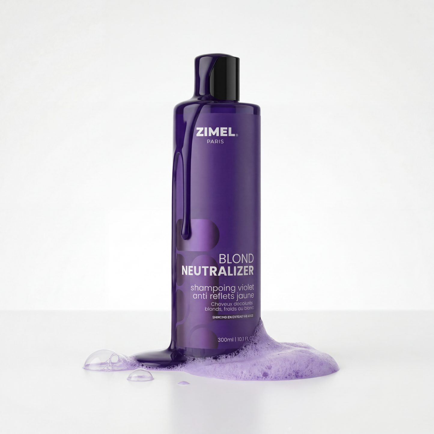 Zimel Paris BLOND NEUTRALIZER Shampoing Violet Anti Reflets Jaune 300ml bottle by JS Organics with bubbles on a white background