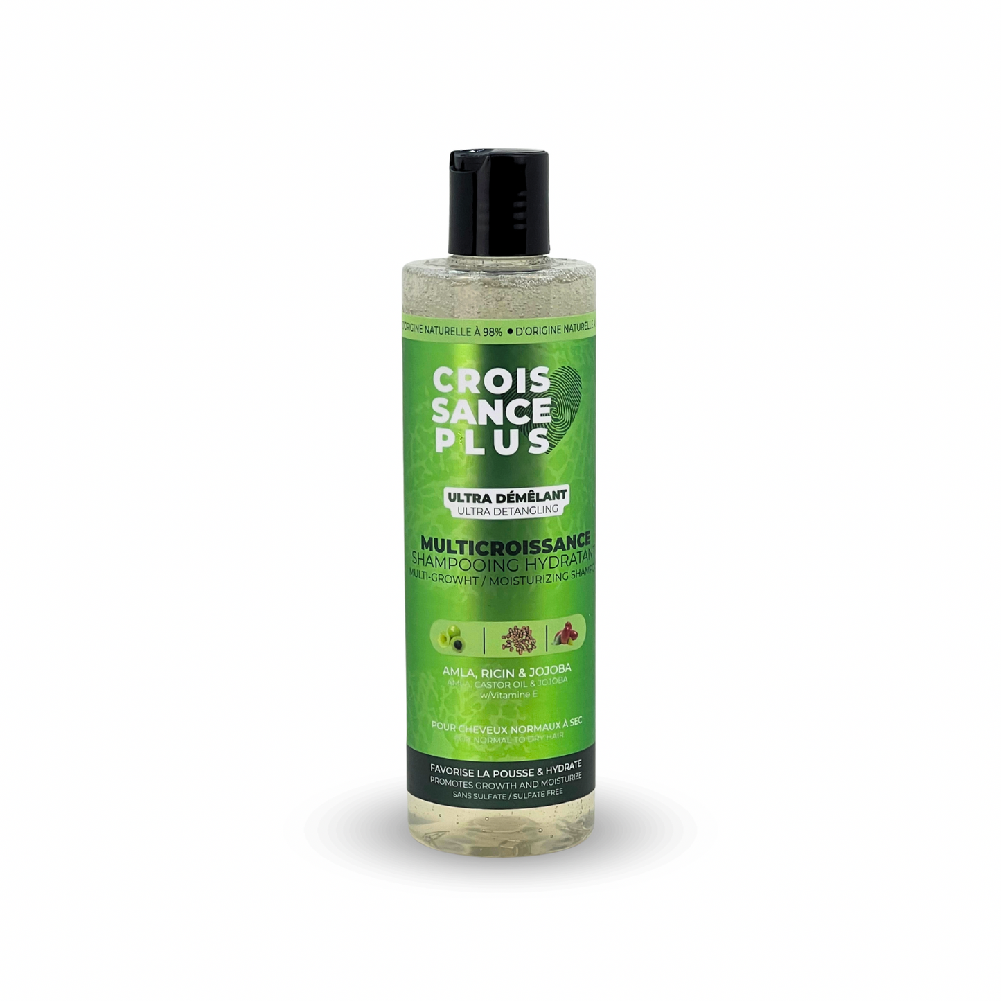 A clear bottle of Croissance Plus Multicroissance Shampoo by JS Organics with a green label, placed against a white background.