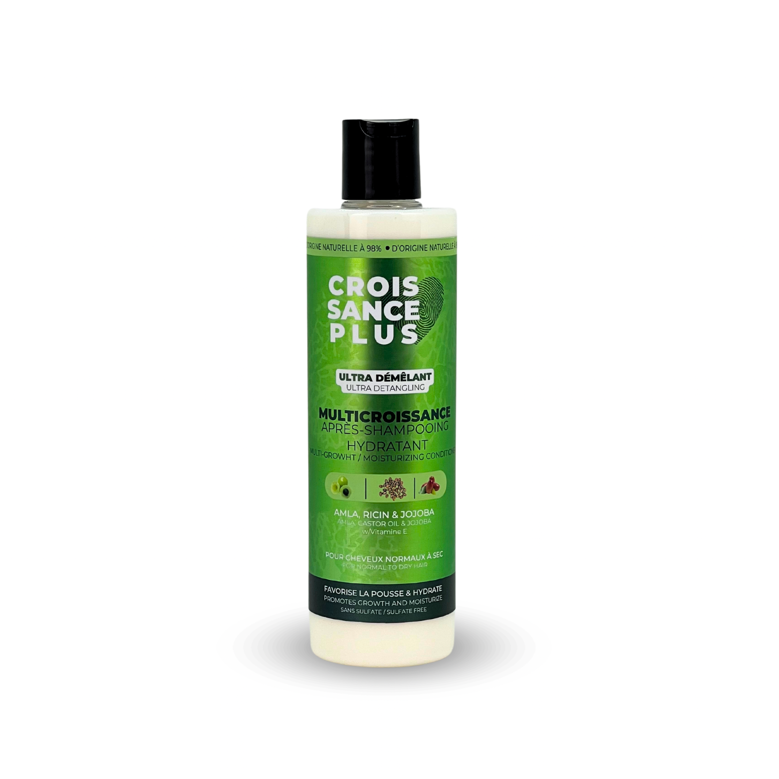 A bottle of Croissance Plus Multicroissance Apres-Shampoo, 300ml by JS Organics, with green label, on a white background.