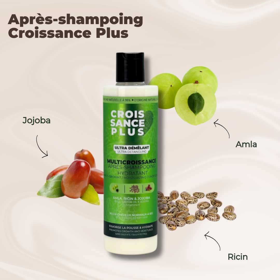 A bottle of Croissance Plus Multicroissance Apres-Shampoo, 300ml by JS Organics, with green label, on a green background.
