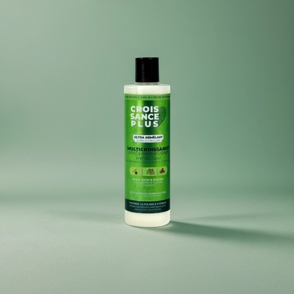A bottle of Croissance Plus Multicroissance Apres-Shampoo, 300ml by JS Organics, with green label, on a green background.
