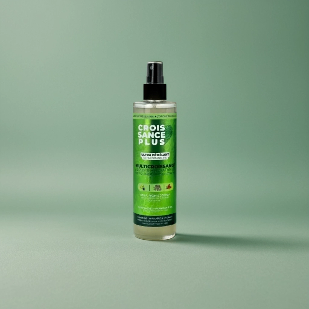A bottle of Croissance Plus - Multricroissance Brume Hydratante 300ml hair growth enhancing mist by JS Organics with a green label, placed against a green background.