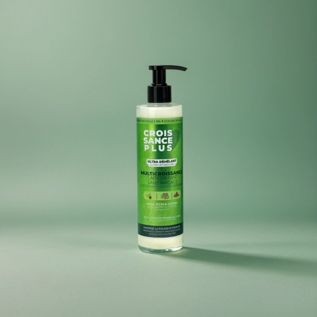 A pump bottle of Croissance Plus Multricroissance Lait Coiffant 300ml hair growth milk by JS Organics on a green background.