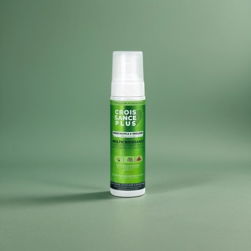 A bottle of Croissance Plus Multricroissance Mousse Coiffante by JS Organics against a green background.