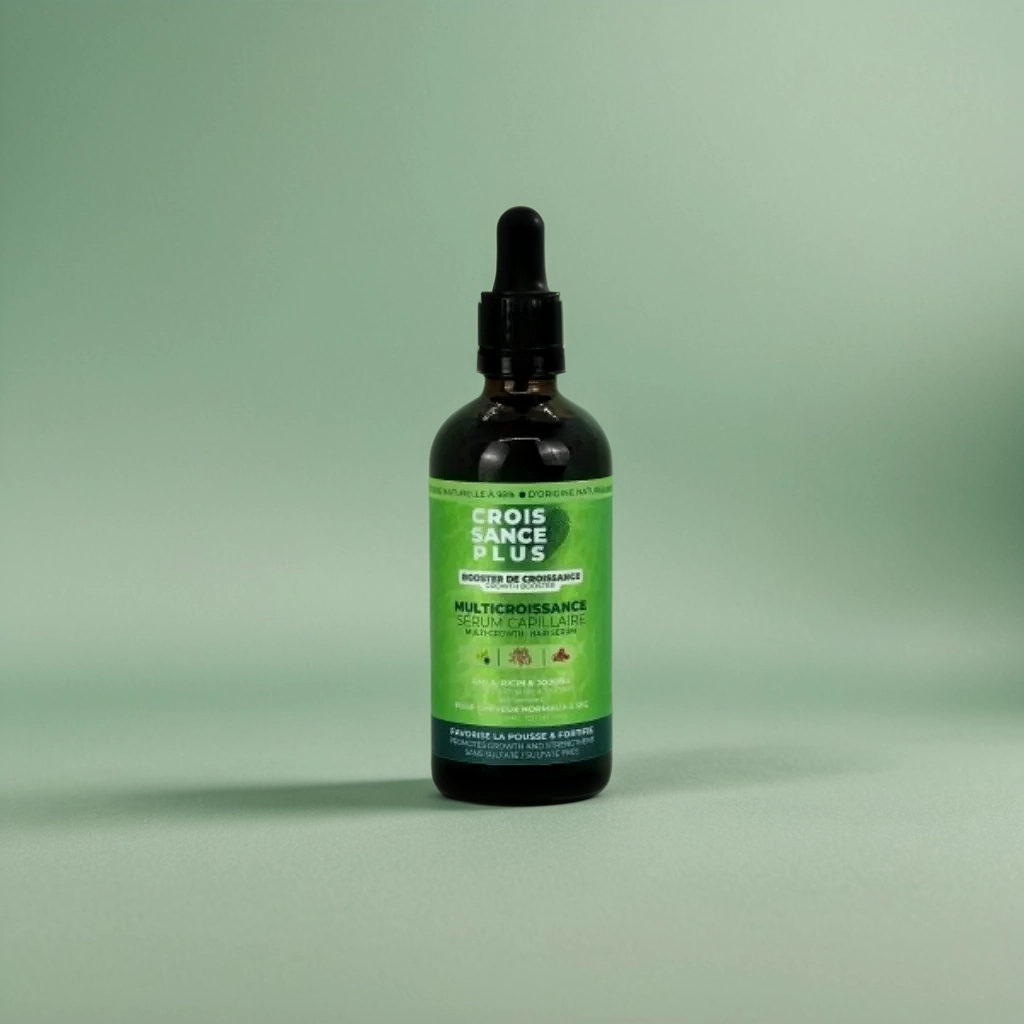 A bottle of Croissance Plus Multricroissance Sérum Capillaire 100ml by JS Organics. with a green label, dropper cap, on a green background.