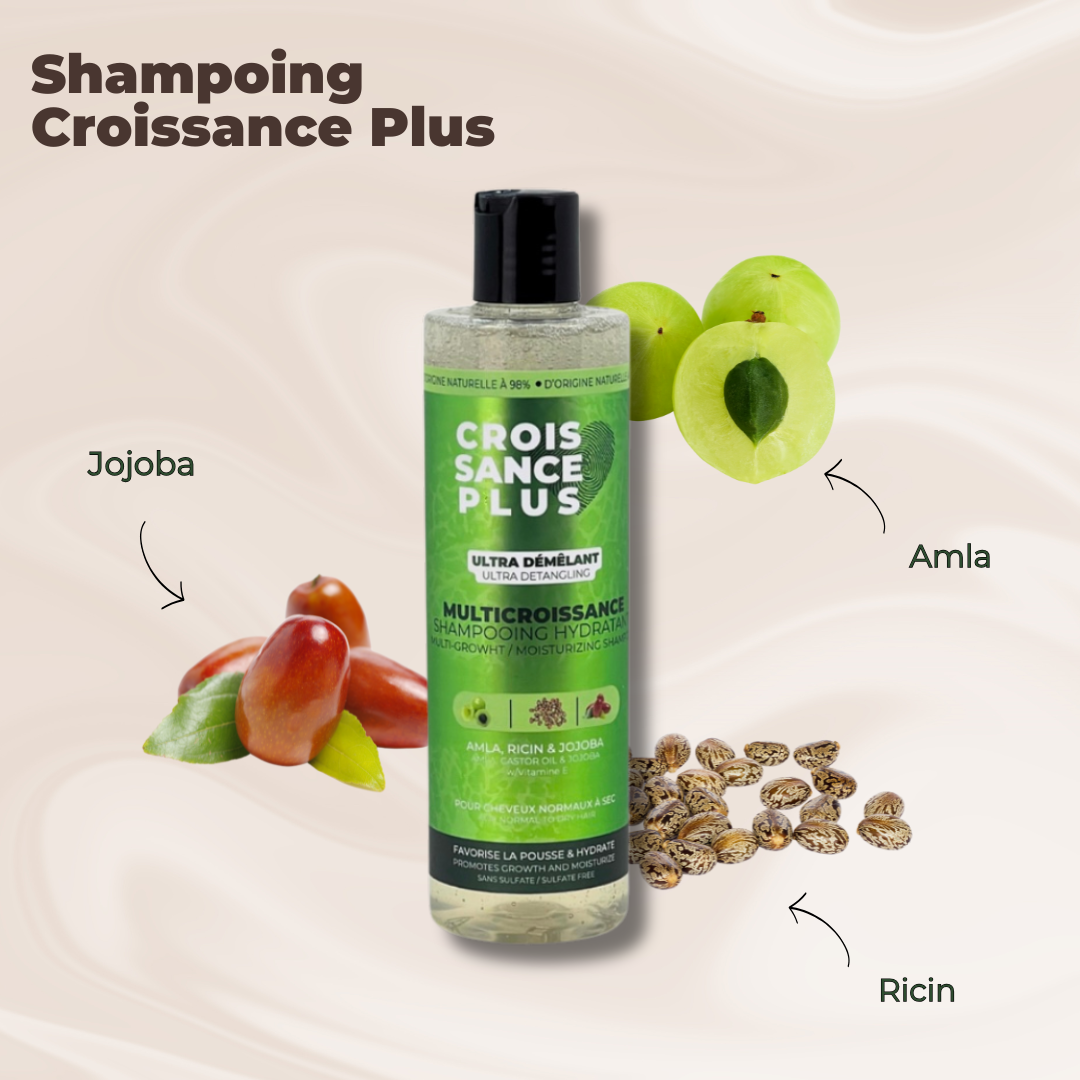 A clear bottle of Croissance Plus Multicroissance Shampoo by JS Organics with a green label, placed against a green background.