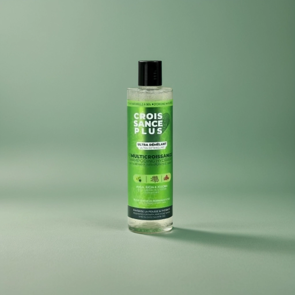A clear bottle of Croissance Plus Multicroissance Shampoo by JS Organics with a green label, placed against a green background.