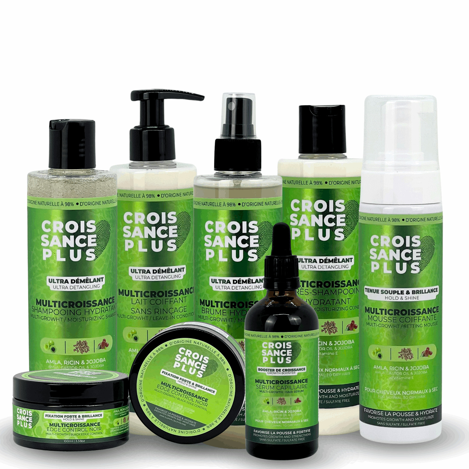 A collection of Croissance Plus hair care products by JS Organics including shampoo, conditioner, detangling spray, styling mousse, and serum.