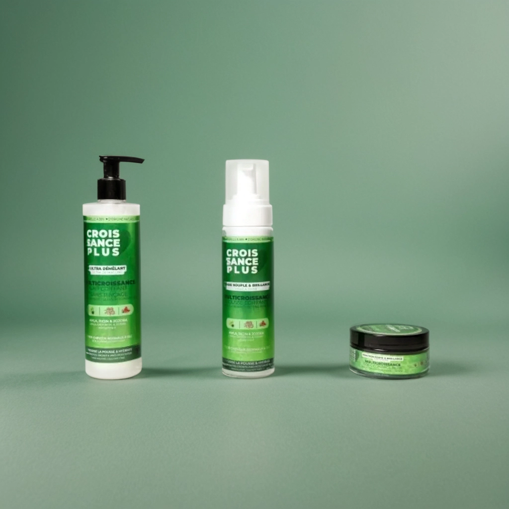  Croissance Plus hair care products by JS Organics, which include a hair fortifying conditioner, a styling mousse, and a hair gel.