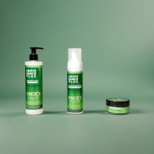  Croissance Plus hair care products by JS Organics, which include a hair fortifying conditioner, a styling mousse, and a hair gel.
