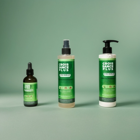 Three green bottles of Croissance Plus hair care products includes, Sérum Capillaire, Brume Hydratante et Lait Coiffant Sans Rinçage