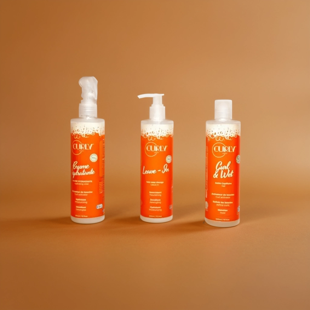Three orange bottles of Curly Pouss hair products: hydrating cream, leave-in conditioner, and curl & wet gel by JS Organics