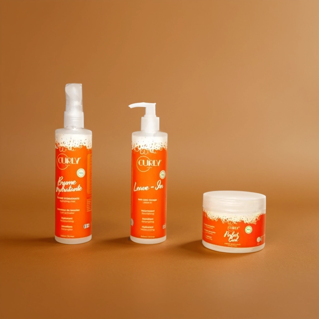 Three Curly Pouss hair products: moisturizing mist, leave-in conditioner, and curl cream by JS Organics