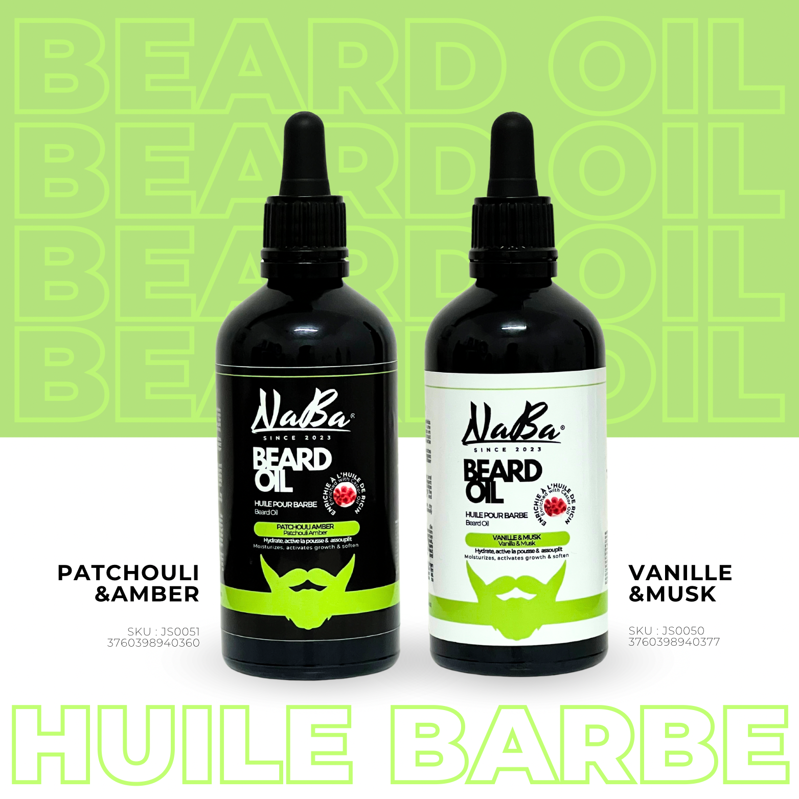 Duo d'Huiles pour Barbe Naba - Parfums Vanille & Musk et Amber & Patchouli (2 x 100ml) by JS Organics