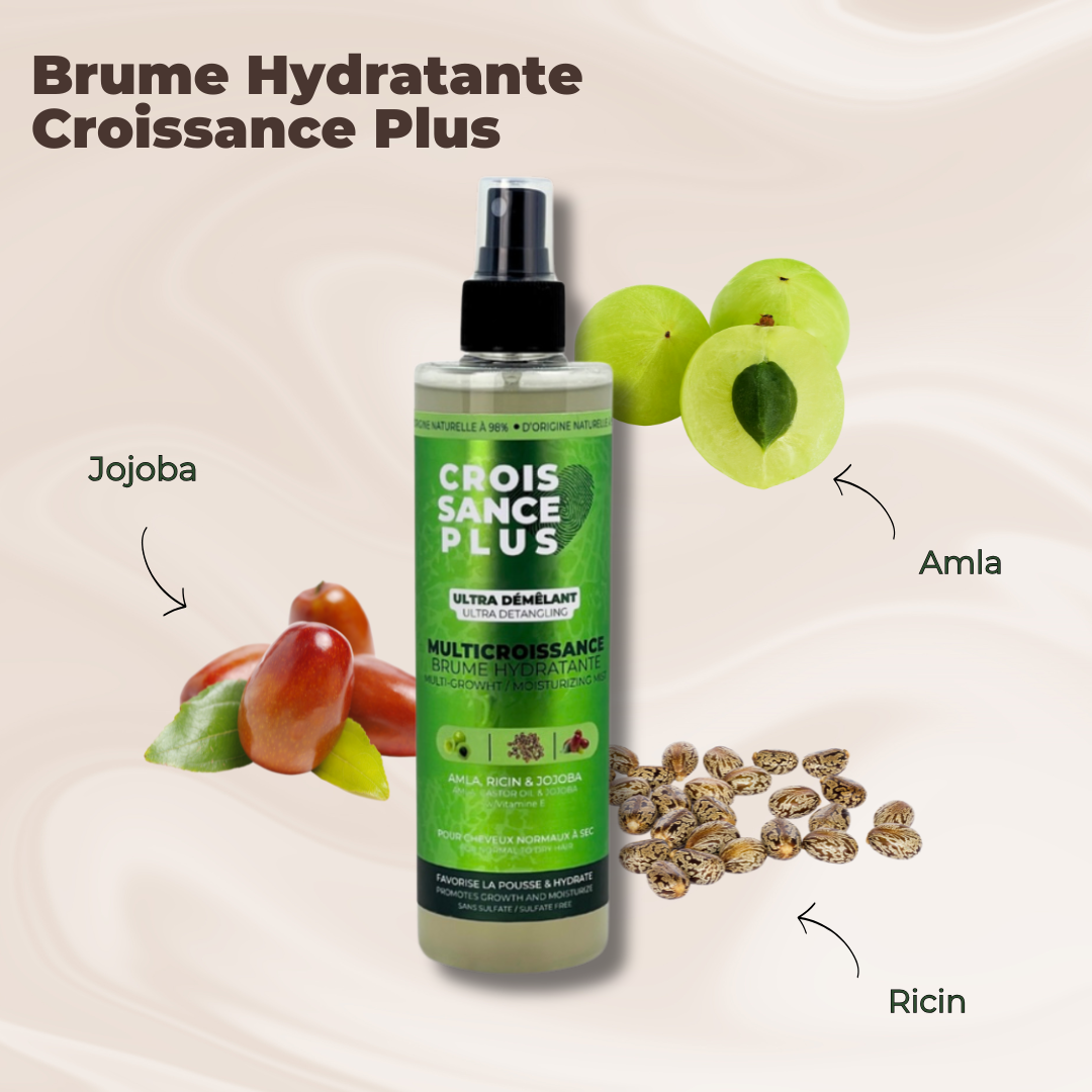 Product image for Croissance Plus Brume Hydratante, an ultra-detangling hair mist for growth with Jojoba, Amla, and Ricin by JS Organics