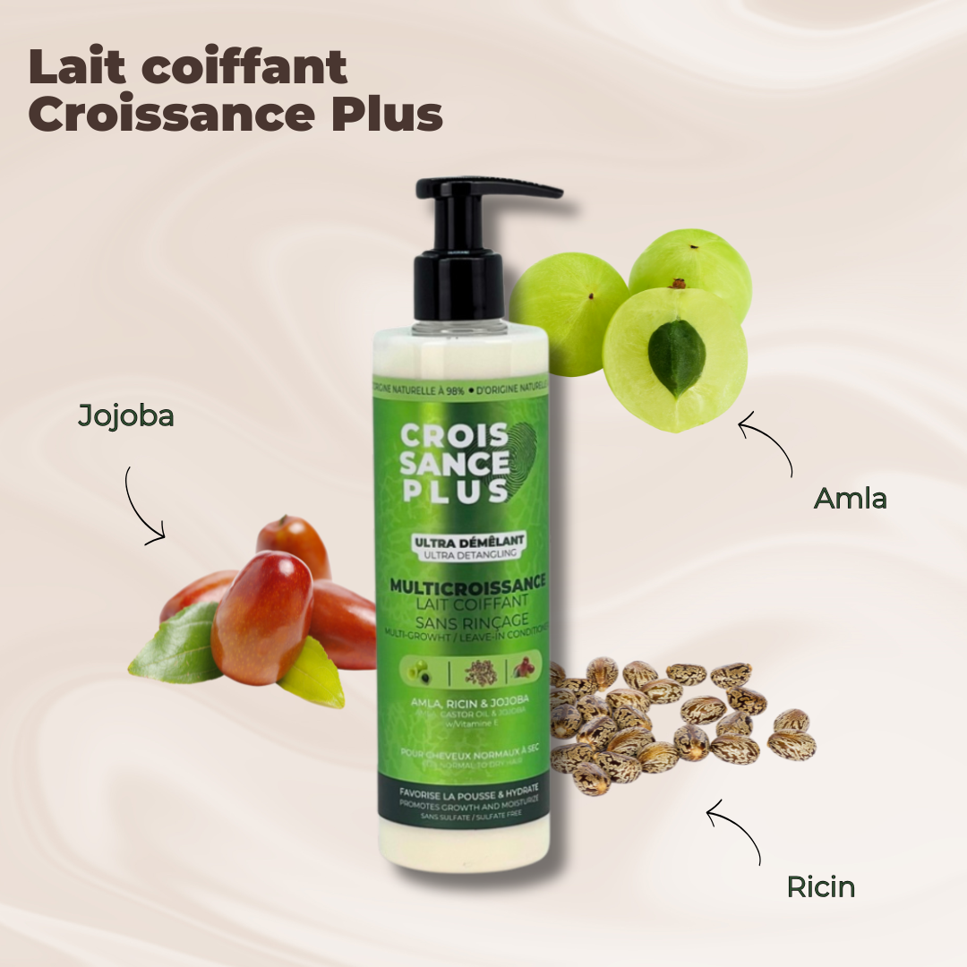 Croissance Plus Jojoba Milk hair styling lotion with amla and castor oil ingredients with a pump bottle of Croissance Plus Multricroissance Lait Coiffant 300ml hair growth milk by JS Organics
