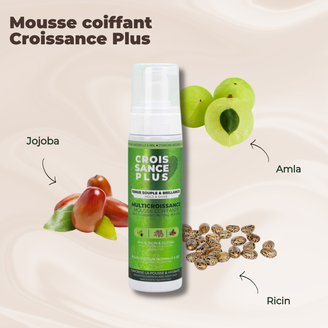 Croissance Plus Mousse Coiffante hair mousse with Jojoba, Amla, and Ricin ingredients by JS Organics