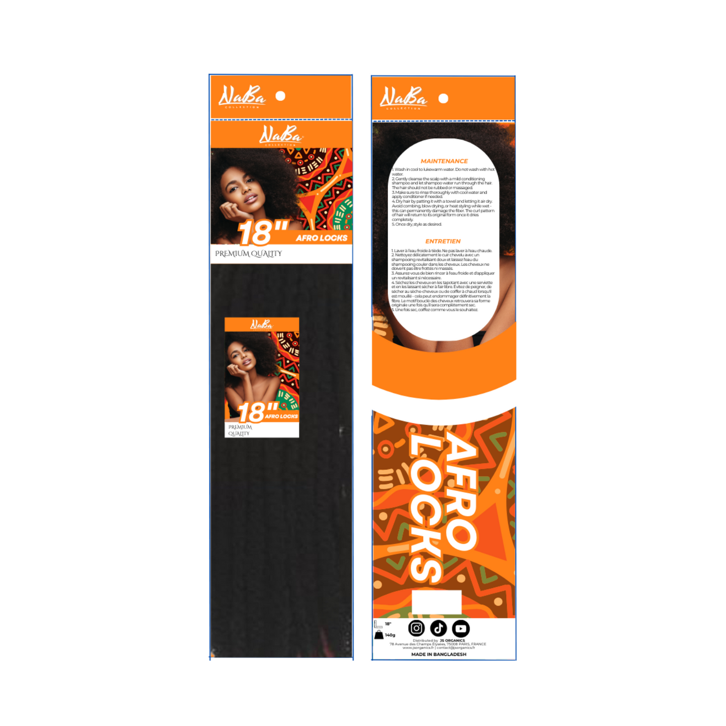 Packaging of Naba Collections - Afro Locks 18 inch hair extensions by JS Organics, displaying the product and its features.
