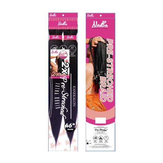 Packaging of Naba Collections Pre-Streched Braid 46" by JS Organics with two extensions visible, one in front and one in back, with a pink label and branding details.