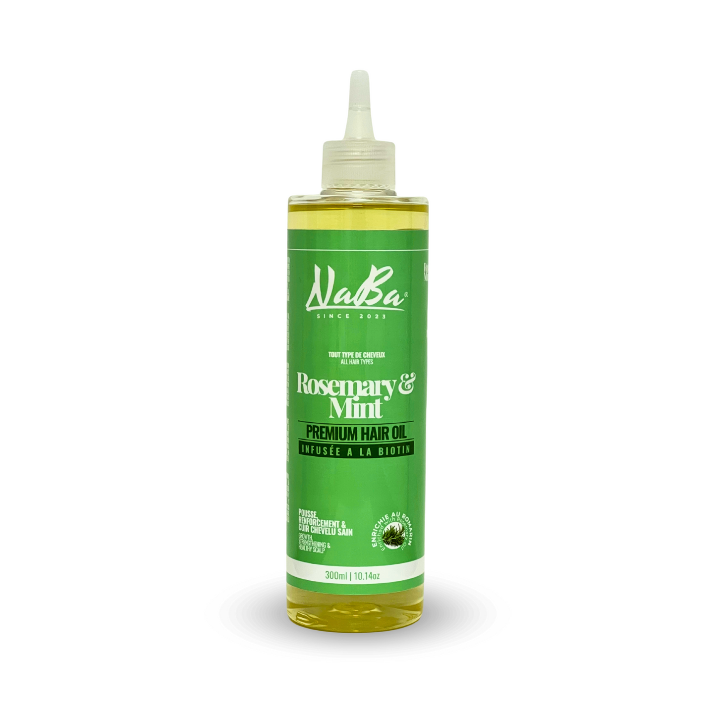 A bottle of Naba Premium Hair Oil with Rosemary & Mint, 300ml by JS Organics.