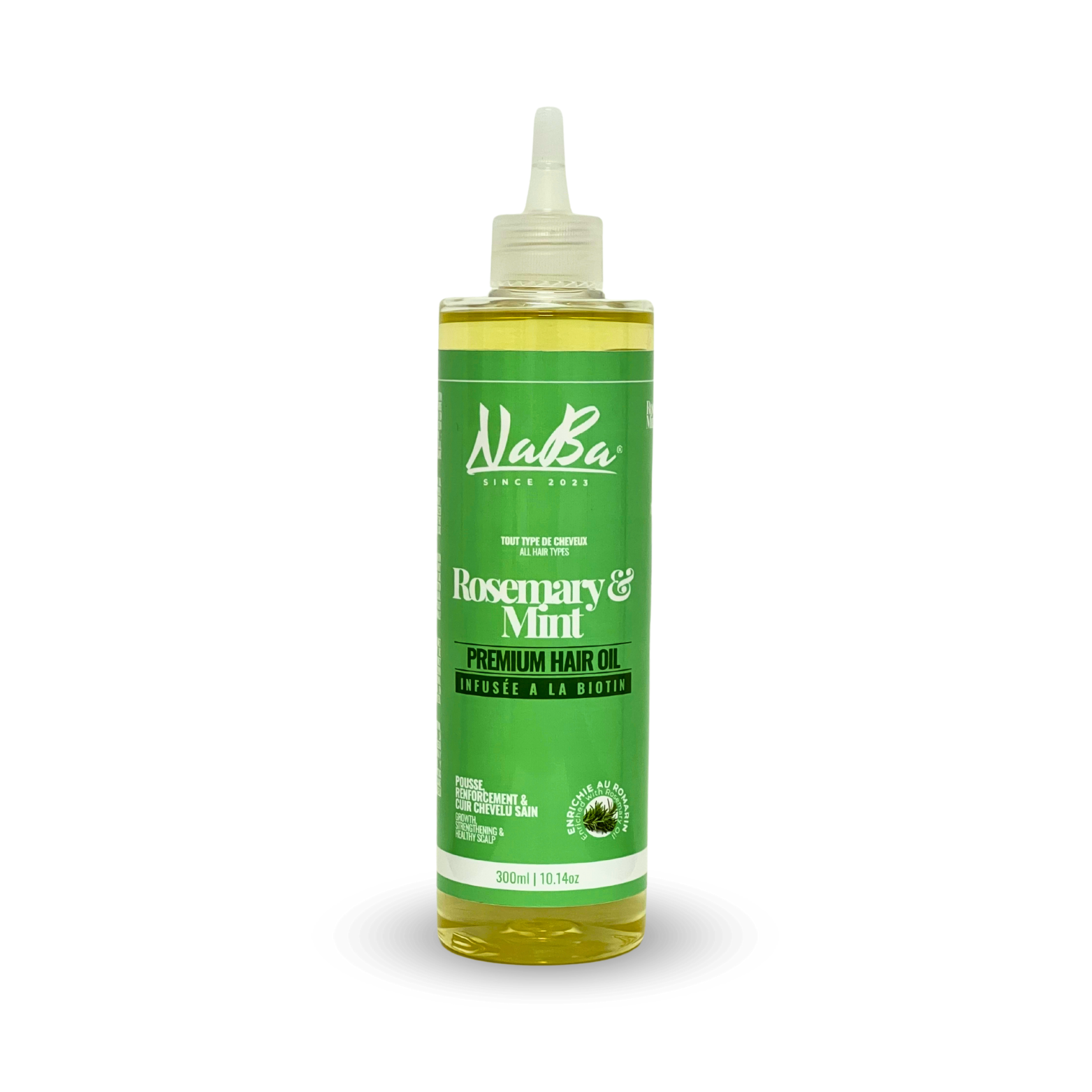 A bottle of Naba Premium Hair Oil with Rosemary & Mint, 300ml by JS Organics.