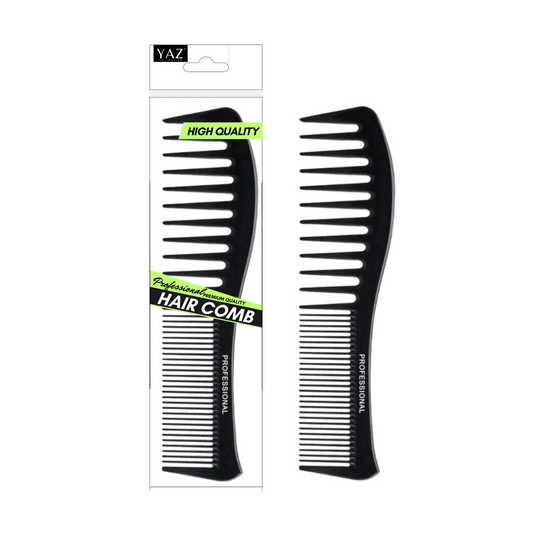 A black Yaz Collections hair comb by JS Organics packaged in a clear plastic blister pack with the brand name and product description displayed.
