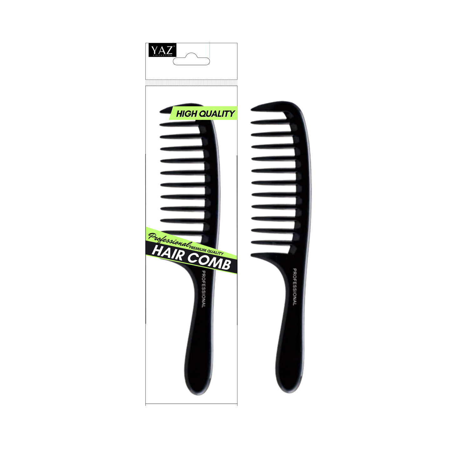 Packaging of Yaz Collections hair comb by JS Organics, with the comb visible through a clear plastic window. The packaging is predominantly black and white, with green highlights and text.