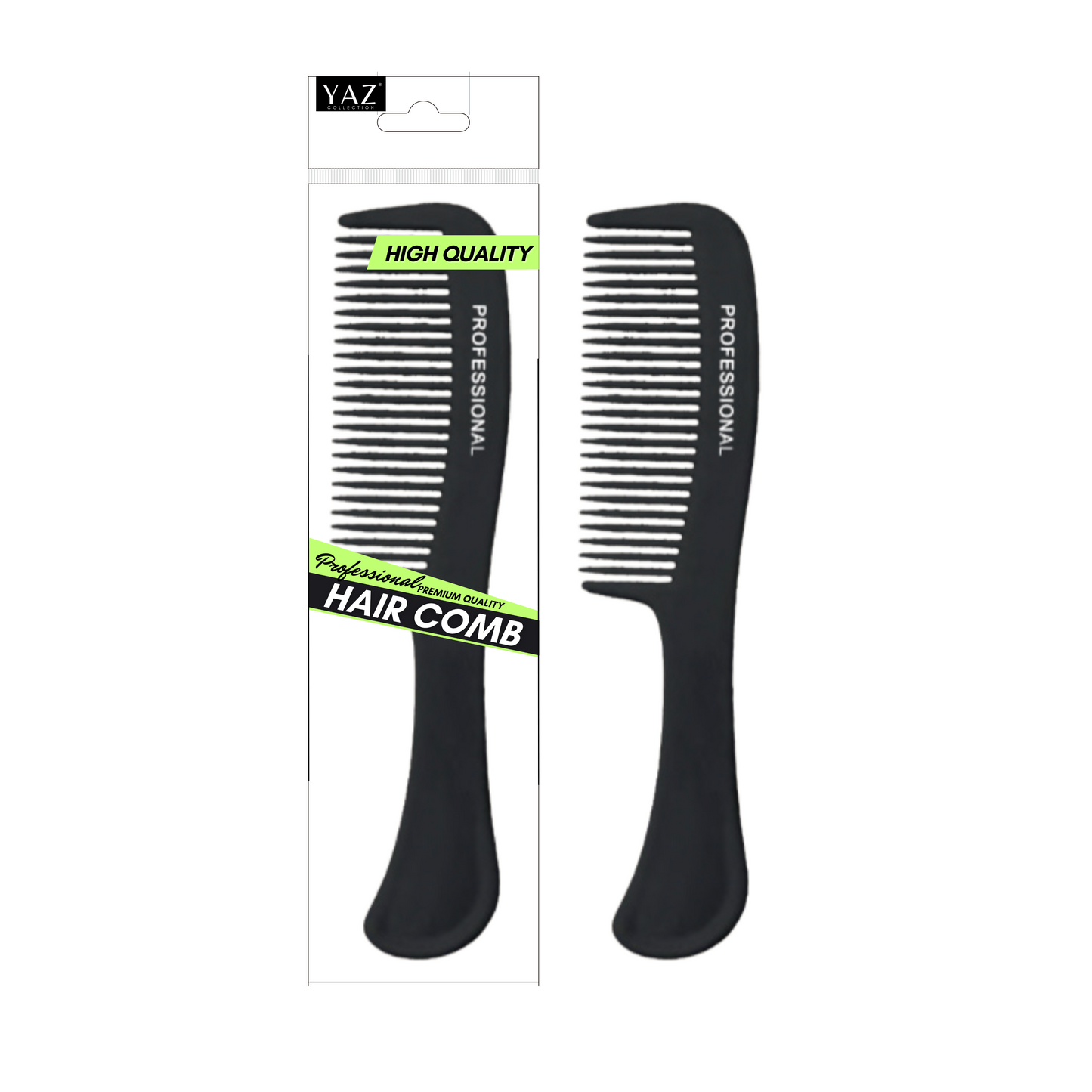 Packaging of Yaz Collections hair comb by JS Organics, with the comb visible through a clear plastic window. The packaging is predominantly black and white, with green highlights and text.