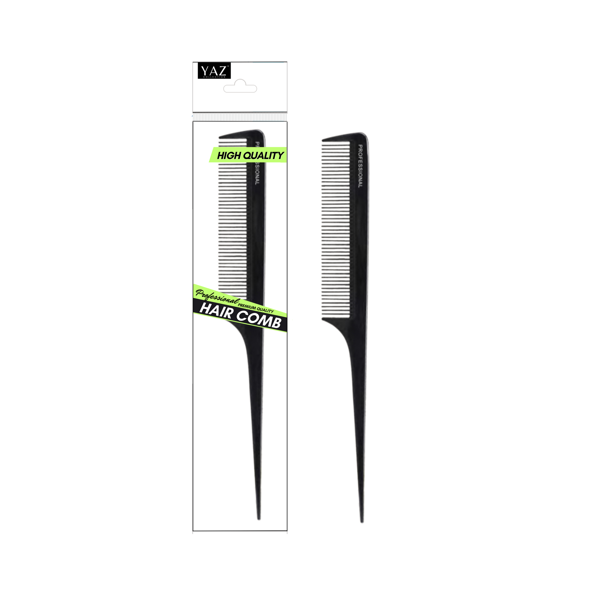 A black Yaz Collections hair comb by JS Organics packaged in a clear plastic blister pack with the text 'Hair Comb' displayed at the top.