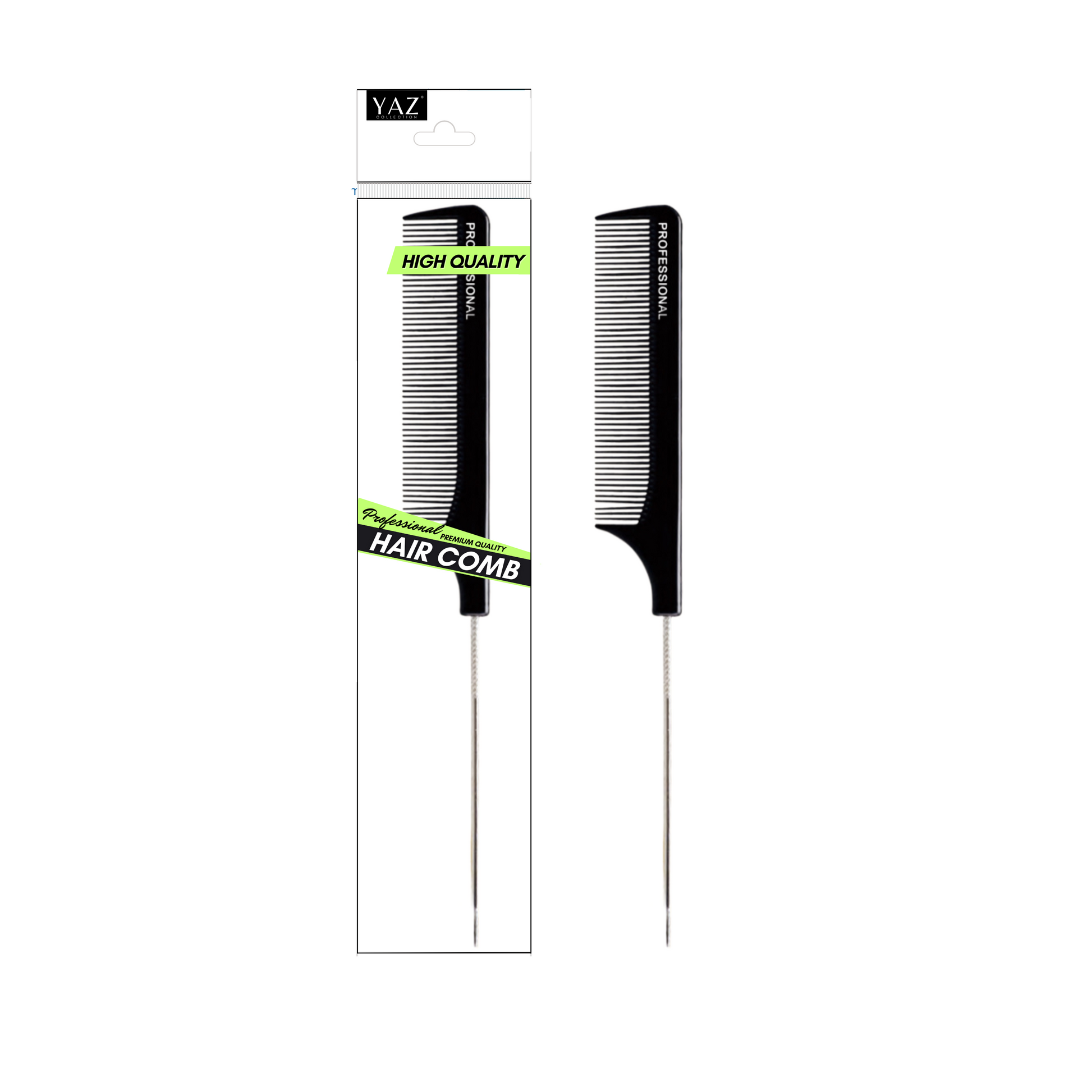 A black Yaz Collections hair comb by JS Organics in its packaging, designed for detangling and styling hair.