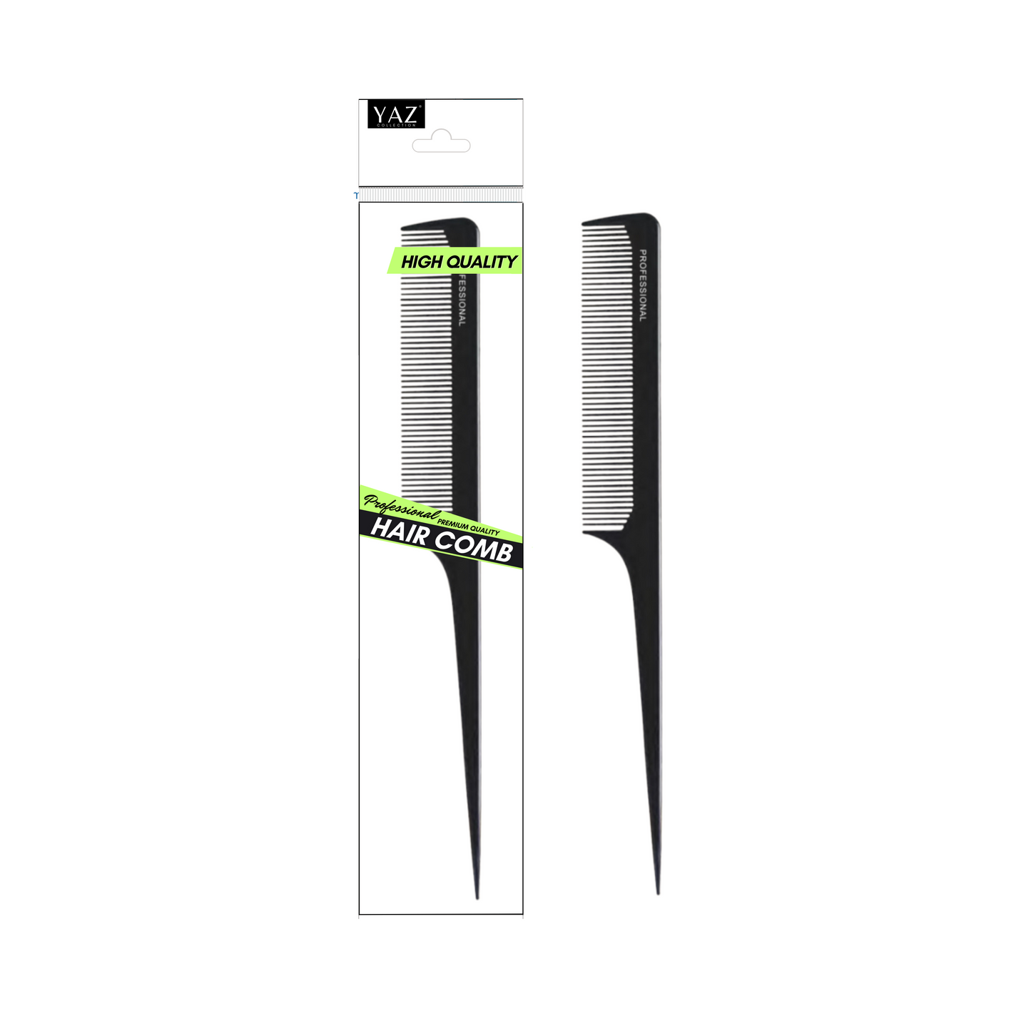 A black Yaz Collections hair comb by JS Organics packaged in a clear plastic blister pack with green and white branding.