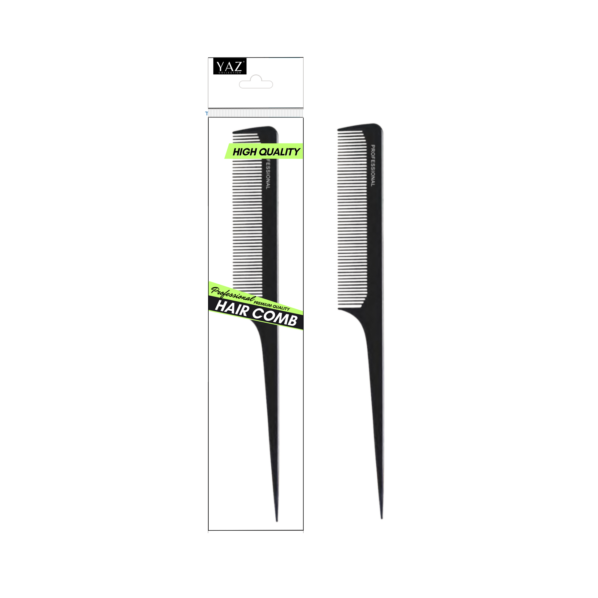 A black Yaz Collections hair comb by JS Organics packaged in a clear plastic blister pack with green and white branding.