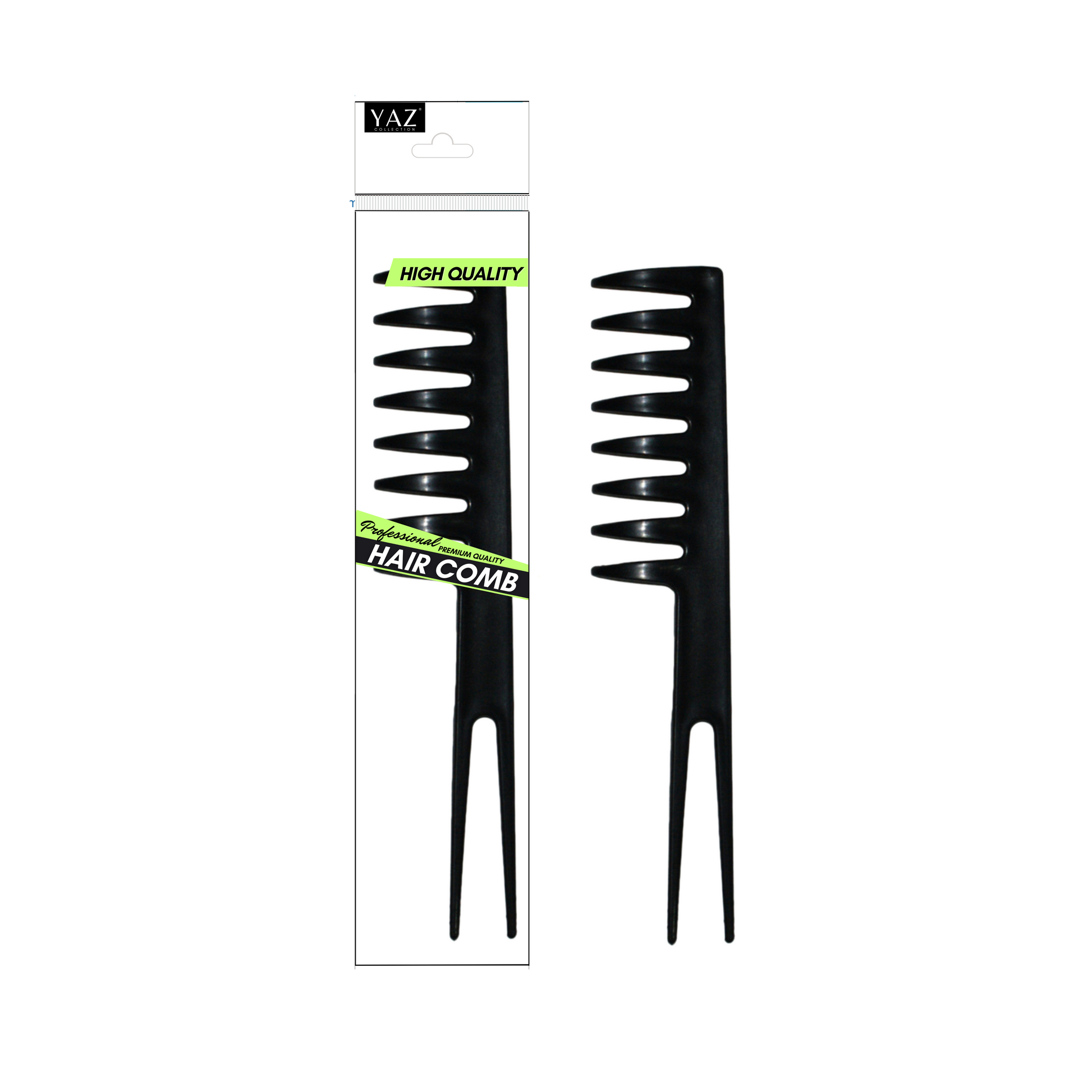 Packaging of Yaz Collections hair comb by JS Organics, with the comb visible through a clear plastic window. The packaging is predominantly black and white, with green highlights and text.