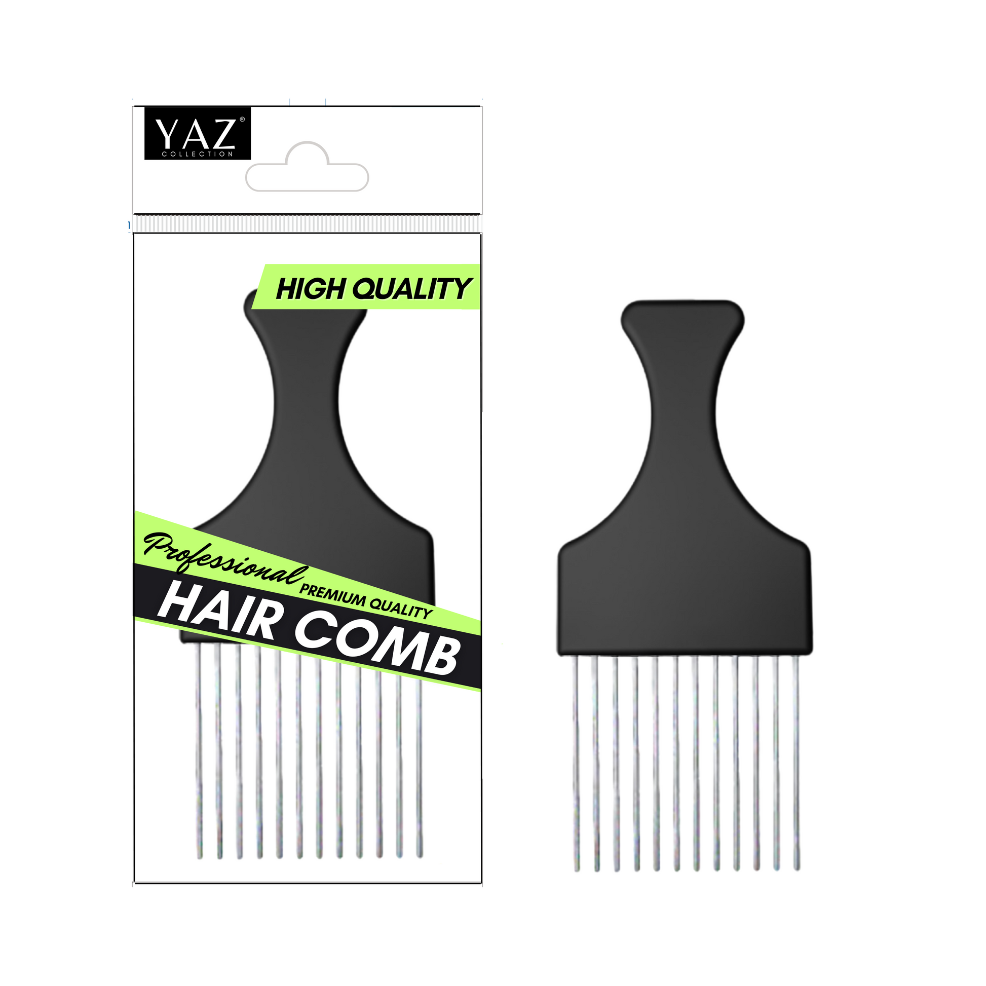 Packaging and a black Yaz Collections hair comb by JS Organics with metal teeth, designed for detangling and styling hair.