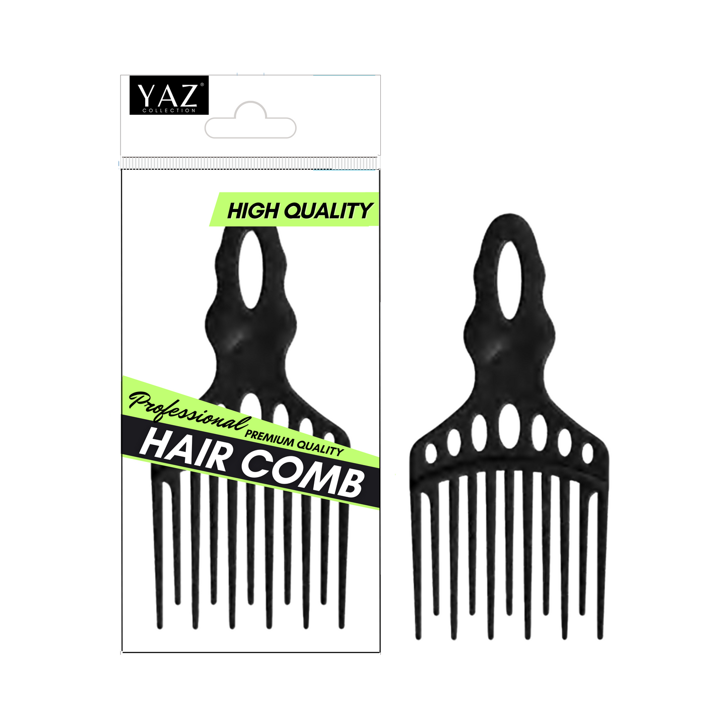 Packaging of Yaz Collections hair comb by JS Organics, with the comb visible through a clear plastic window. The packaging is predominantly black and white, with green highlights and text.