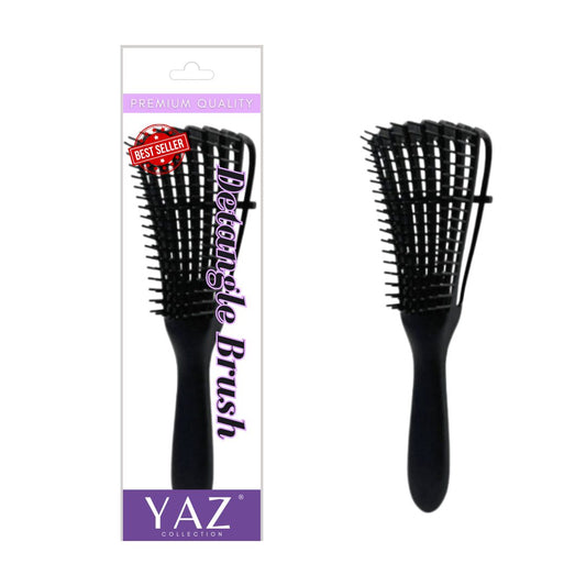 A black Yaz Collections Detangling hair brush by JS Organics with a packaging that reads 'Premium Quality' and 'Best Sellers'. The packaging is purple and white.