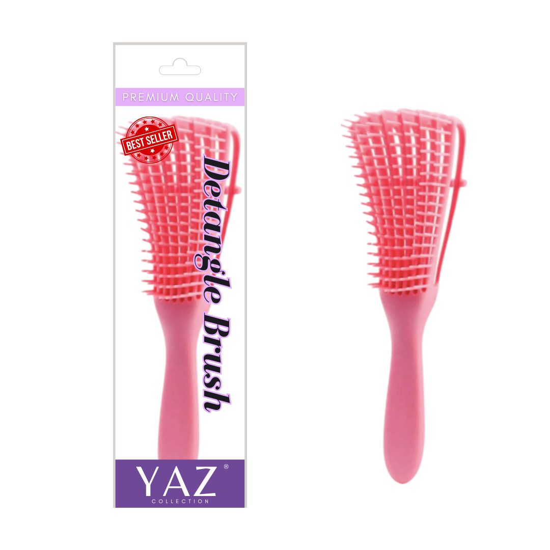 A Pink Yaz Collections Detangling hair brush by JS Organics with a packaging that reads 'Premium Quality' and 'Best Sellers'. The packaging is purple and white.