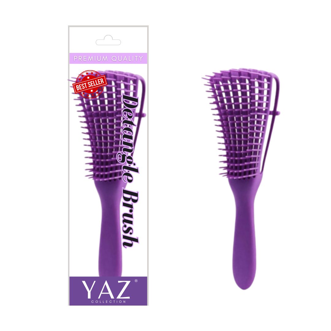 A Purple Yaz Collections Detangling hair brush by JS Organics with a packaging that reads 'Premium Quality' and 'Best Sellers'. The packaging is purple and white.