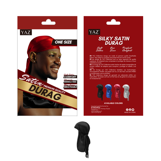 Packaging of Yaz Collections Silky Satin Durag by JS Organics, displaying the product in black color, with available color versions showcased at the back of the product package. The packaging highlights features such as being one size, silky soft, and having a comfort band.