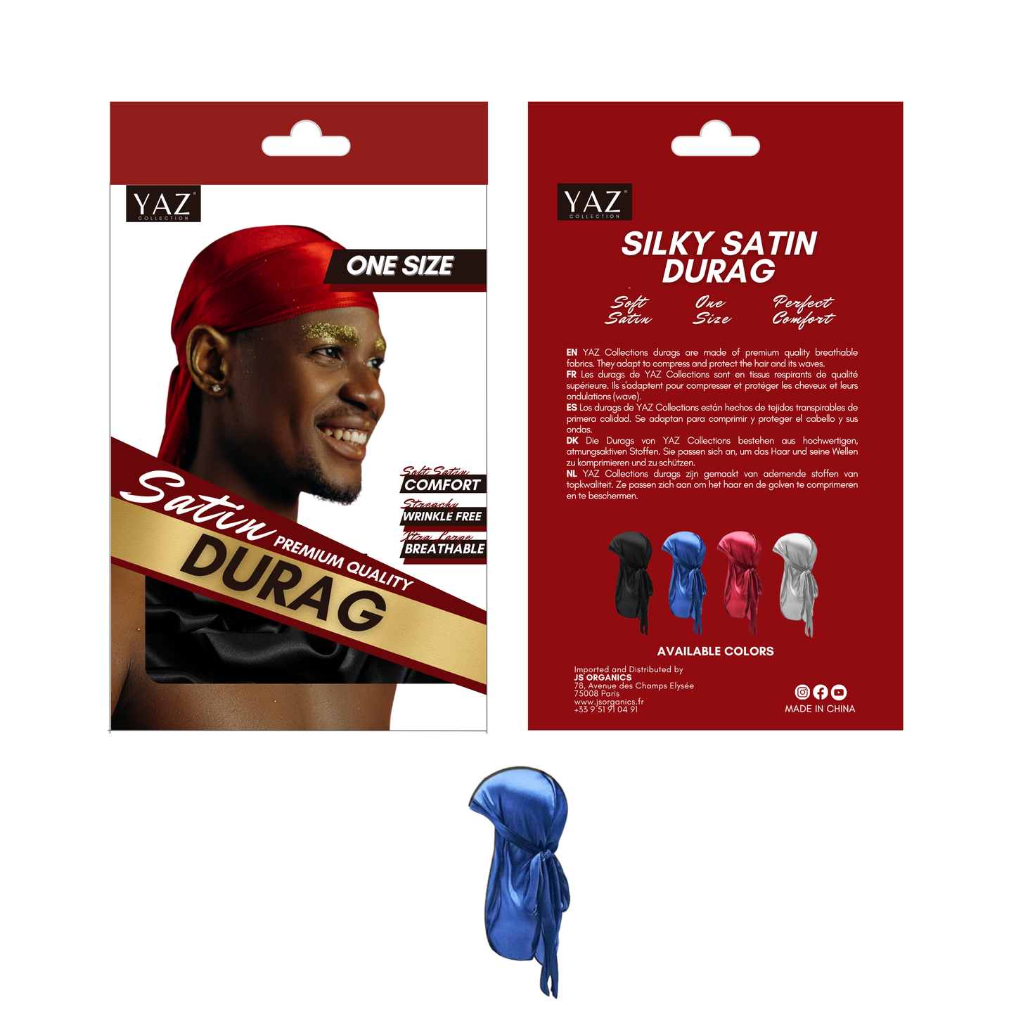 Packaging for Yaz Collections Silky Satin Durag by JS Organics, showing the product in blue and other available colors, along with the text highlighting the one-size-fits-all and silky satin material properties.