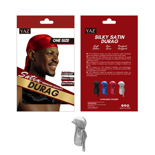 Packaging for Yaz Collections Silky Satin Durag by JS Organics, showing the product in silver and other available colors, along with the text highlighting the one-size-fits-all and silky satin material properties.